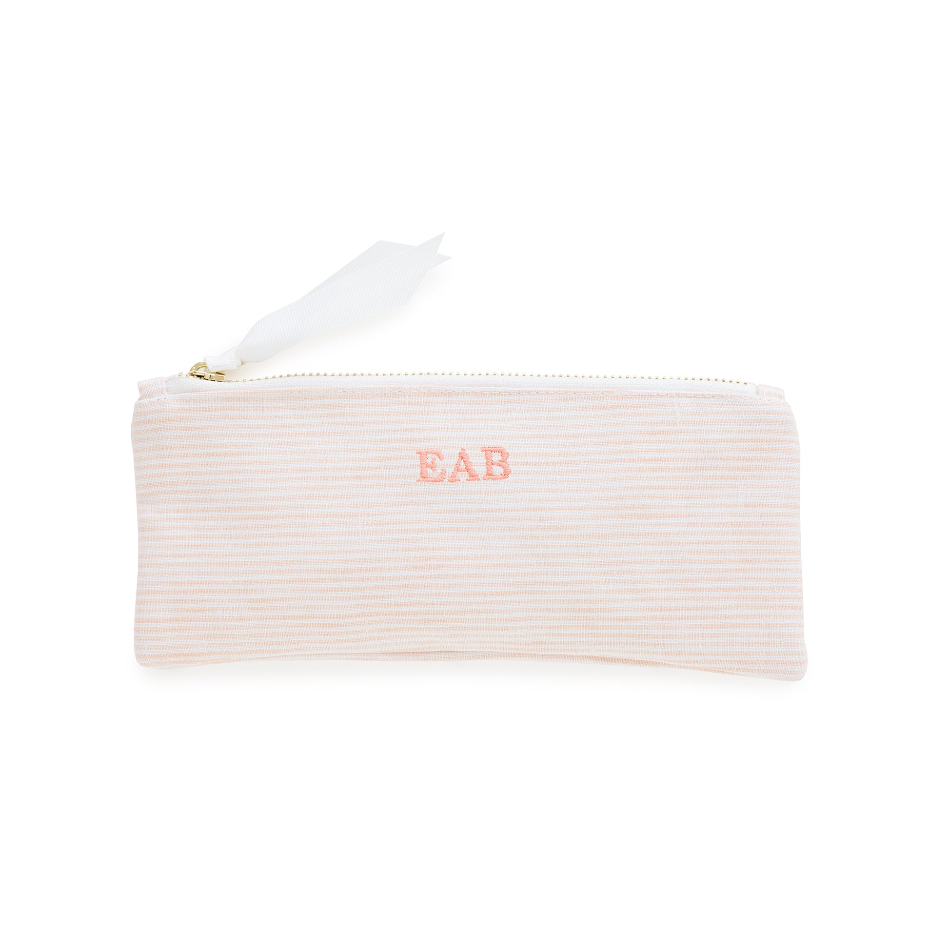 Pink striped pouch with 'EAB' monogram with pink thread
