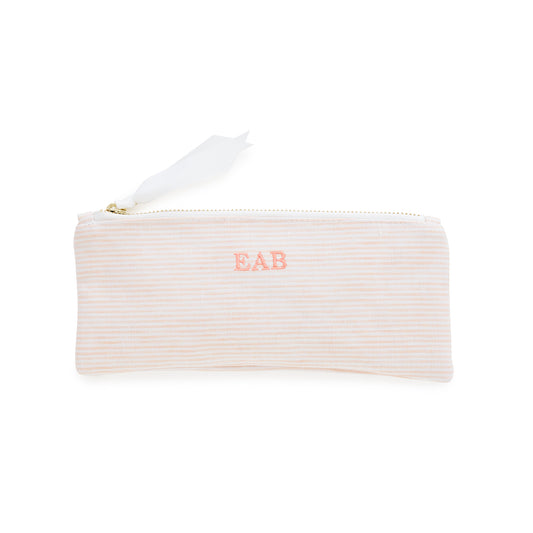 Pink striped pouch with 'EAB' monogram with pink thread