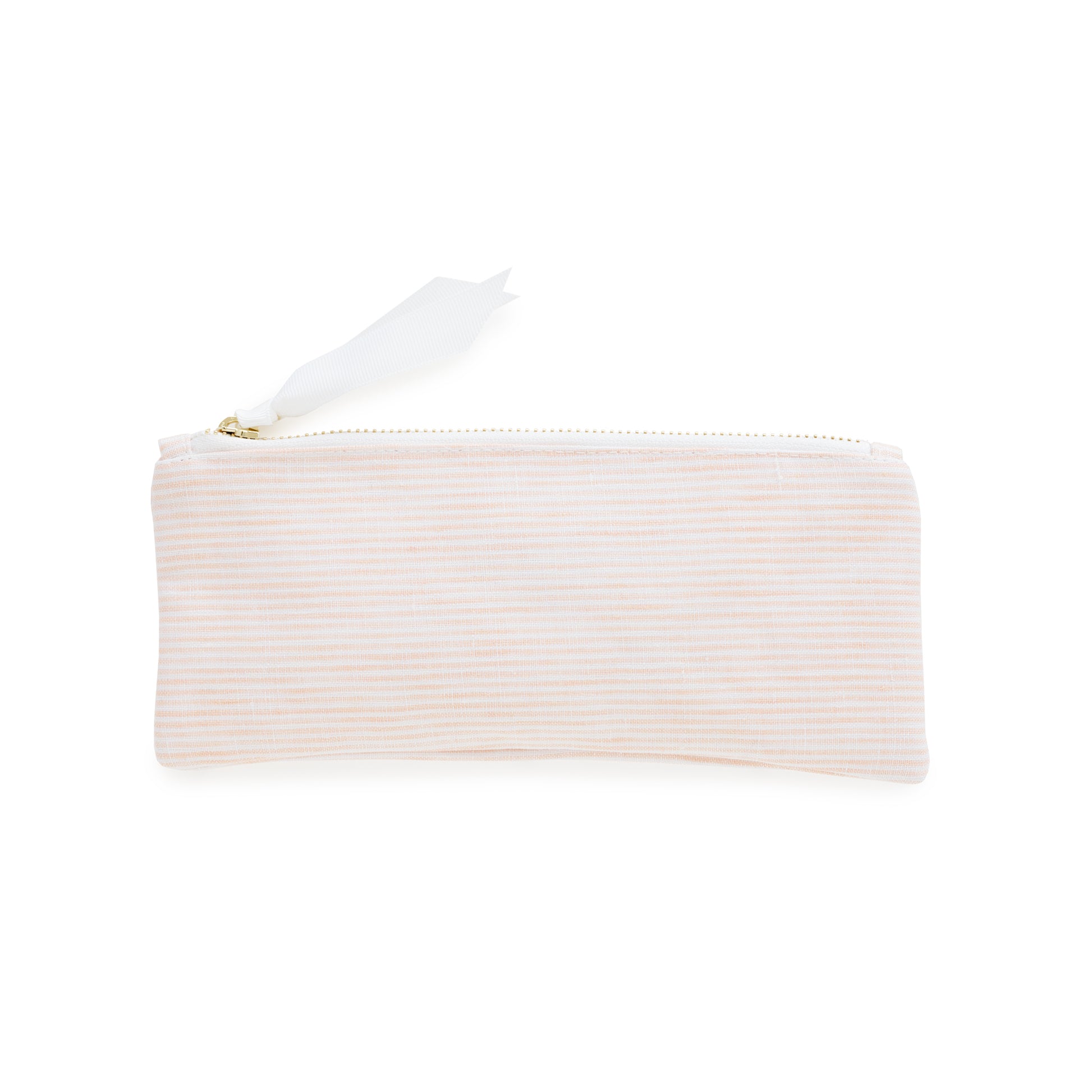 White and pink stripe pouch with gold zipper and white ribbon pull