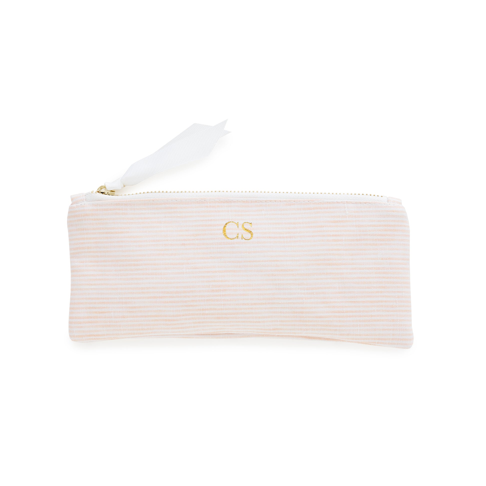 Pink striped pouch with gold initials, gold zipper, and white ribbon pull