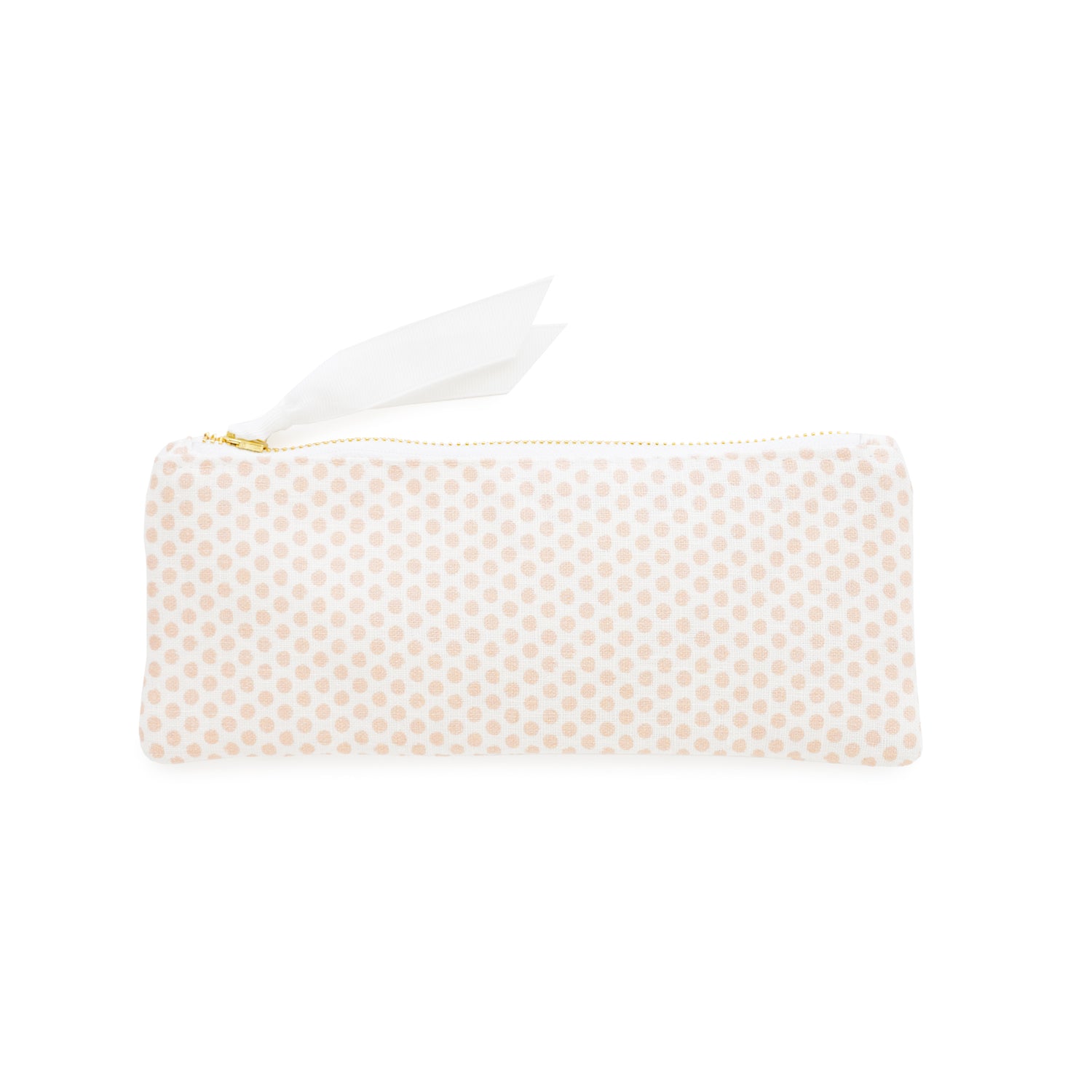 White and pink dot pencil pouch with gold zipper and white ribbon pull}