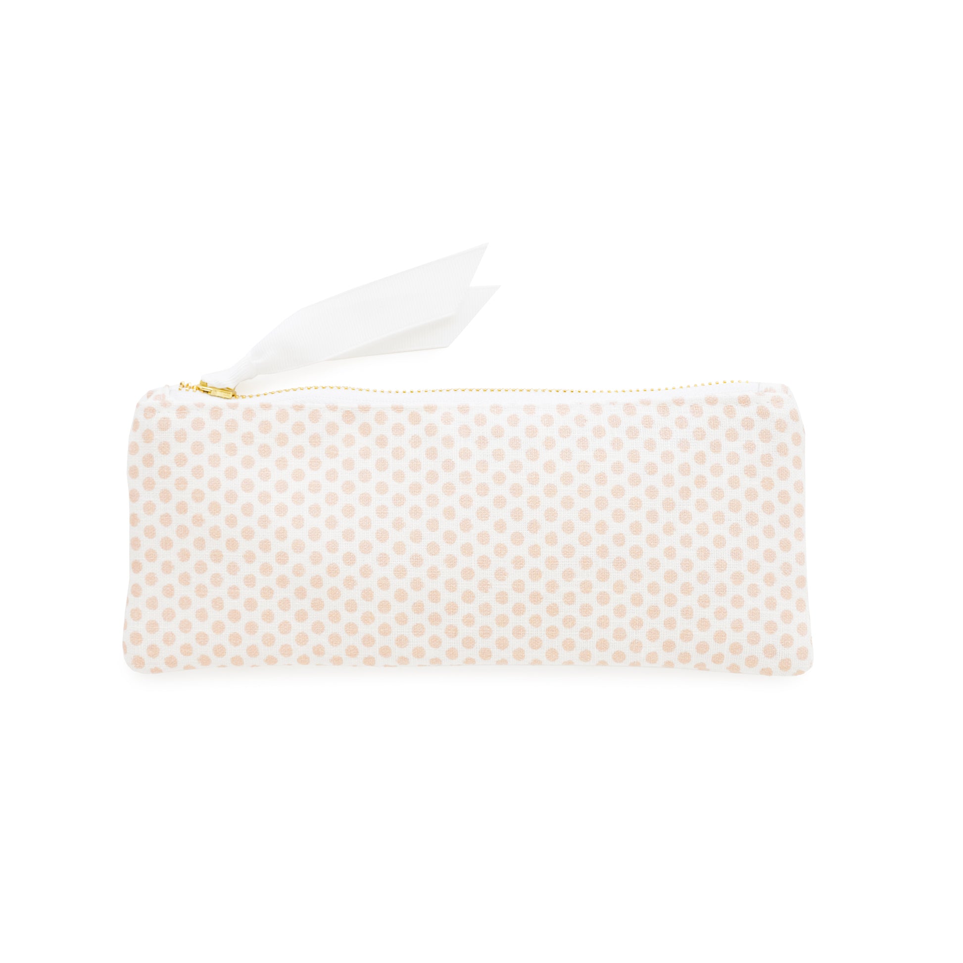 White and pink dot pencil pouch with gold zipper and white ribbon pull