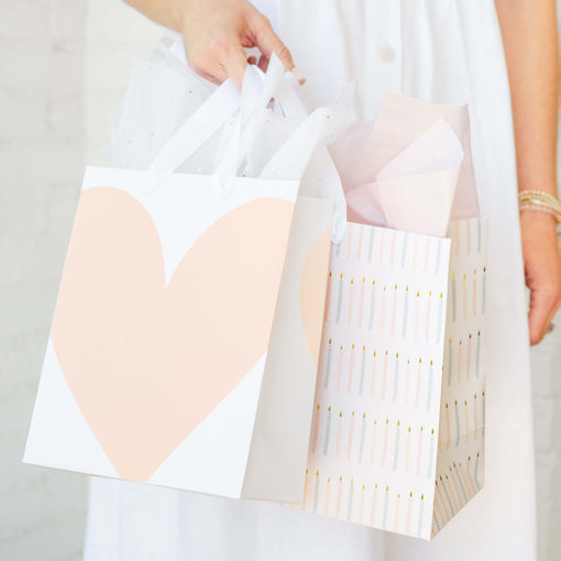 Person holding a white gift bag with a pink heart design.