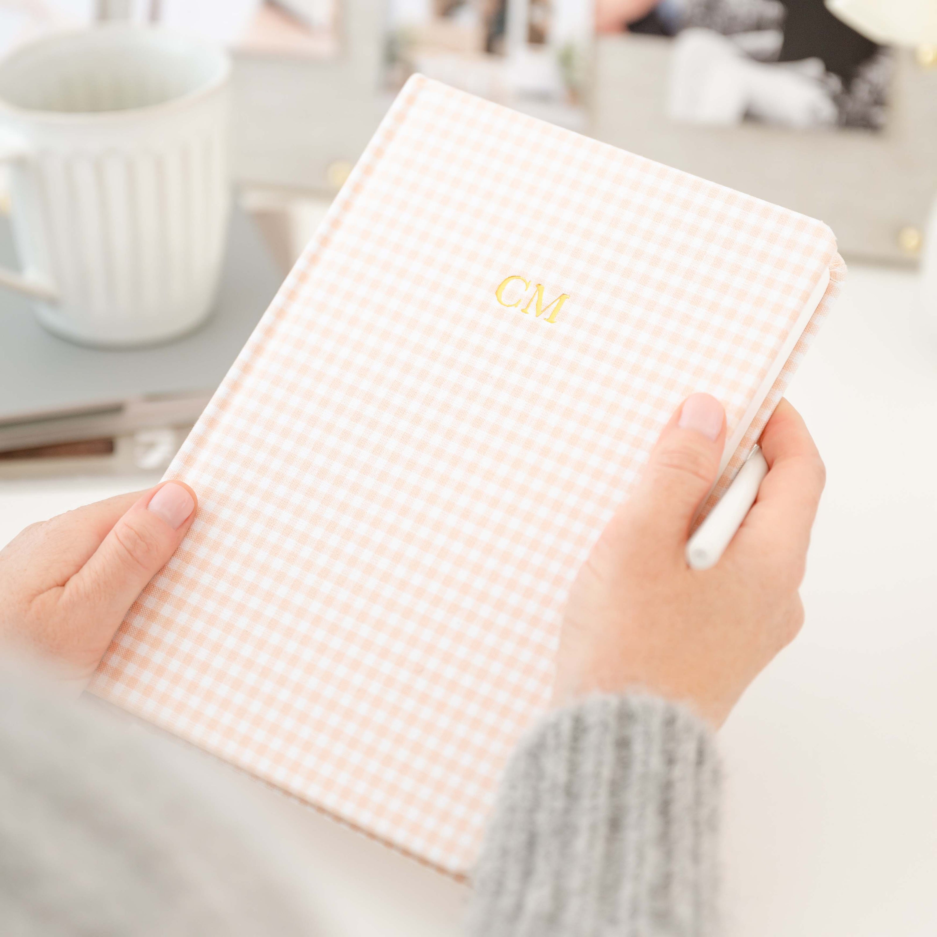 pink gingham journal with gold monogram