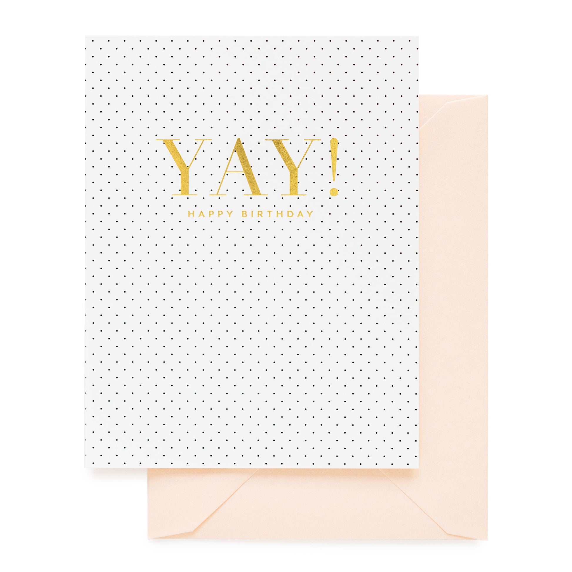 White and black dot birthday card with foil printed YAY and a pink envelope
