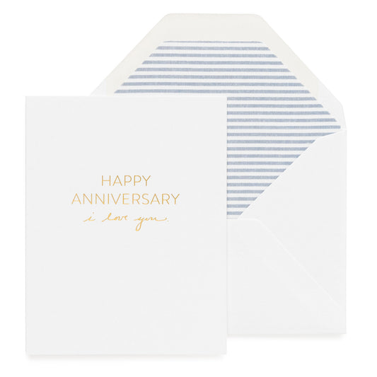White and gold anniversary card with blue stripe liner