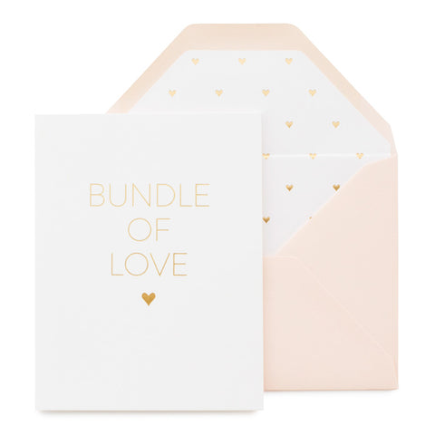 White greeting card with gold foil paired with pink envelope with gold heart liner