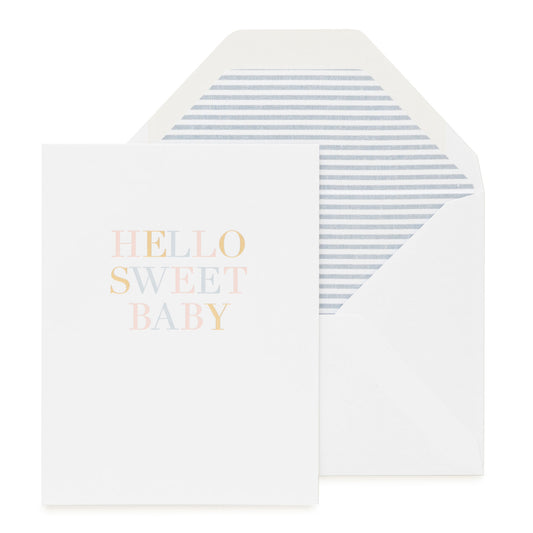 Baby greeting card printed with pink, blue and gold foil with a blue stripe liner