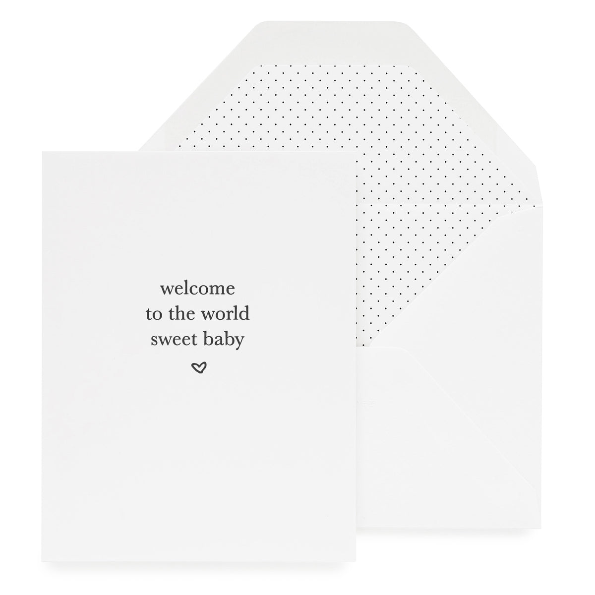 White greeting card printed with welcome to the world sweet baby 