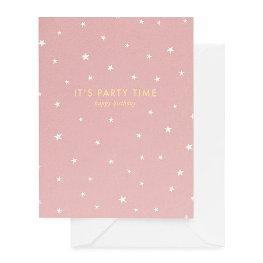 Dusty rose card printed with it's party time happy birthday with stars