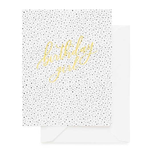 Black confetti dot card with gold foil birthday girl
