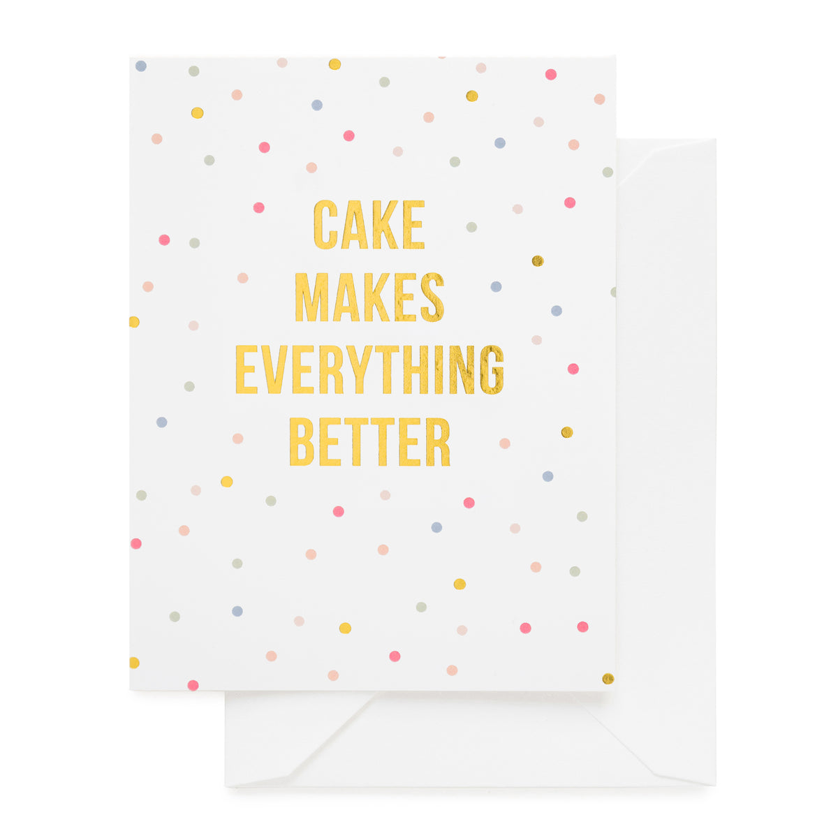 white card with multicolored dots and gold text, white envelope