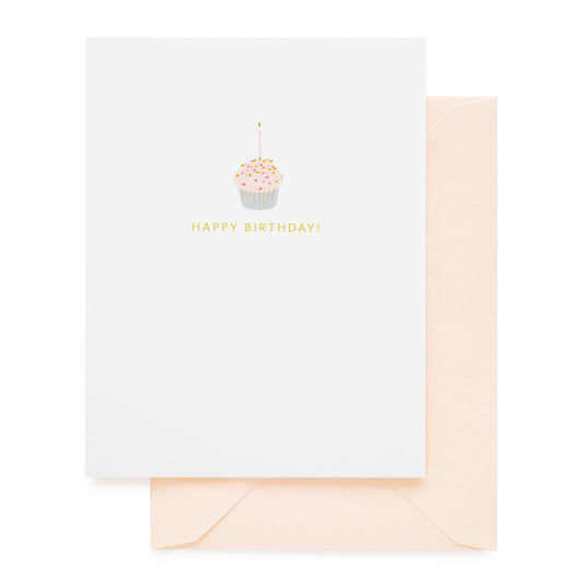 white card with gold foil text and cupcake icon, pale pink envelope