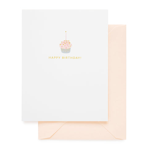 white card with gold foil text and cupcake icon, pale pink envelope