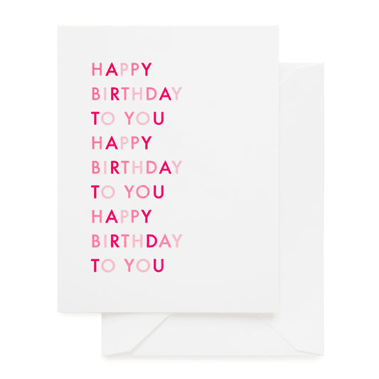 white card with multi pink ink, white envelope