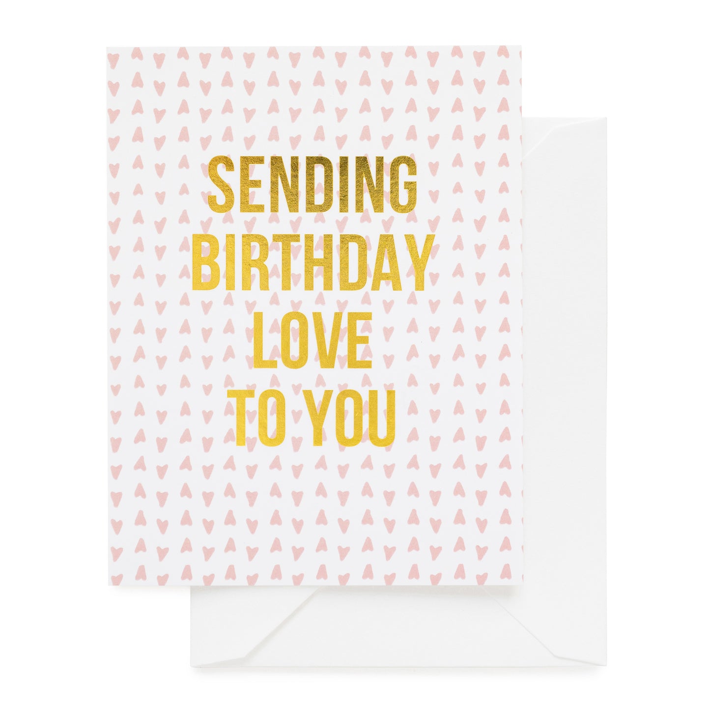 white card with pink heart pattern and gold foil text, white envelope
