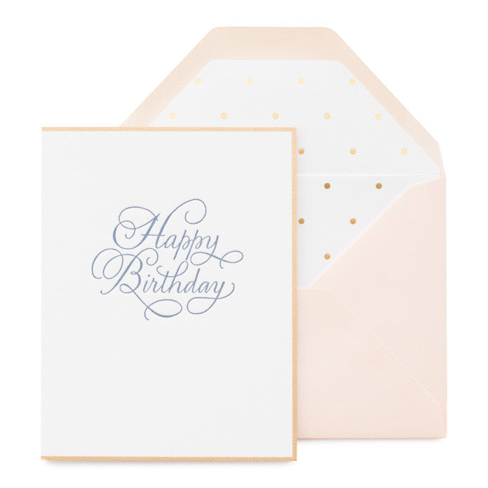 White with blue ink birthday card with pink envelope and gold foil dot liner