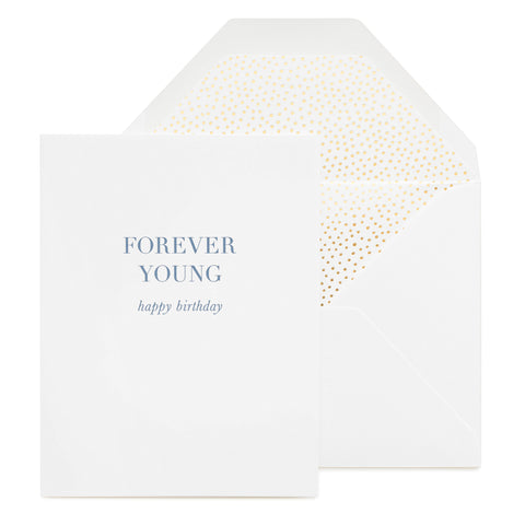 Forever young printed in blue with a gold dot liner