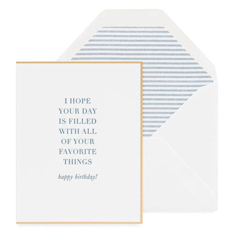 Blue and white birthday card with gold border and stripe liner