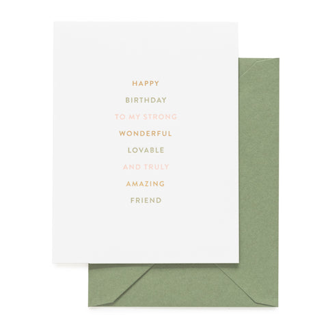 White birthday card with pink gold and green ink and a moss green envelope
