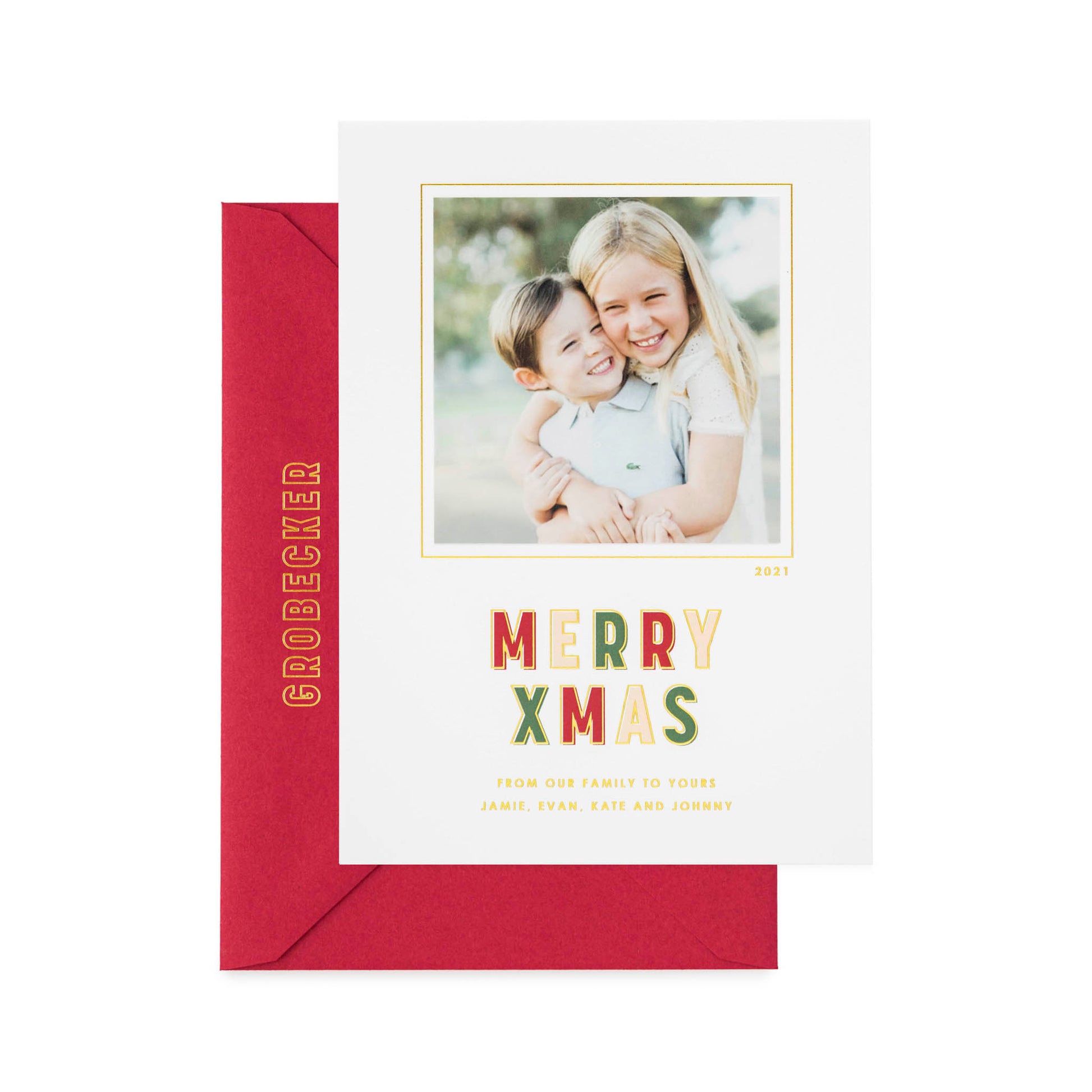 Colorful merry xmas holiday card with red envelope