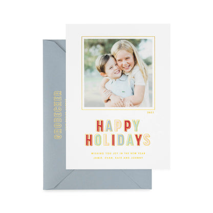 Colorful happy holidays holiday card with blue envelope