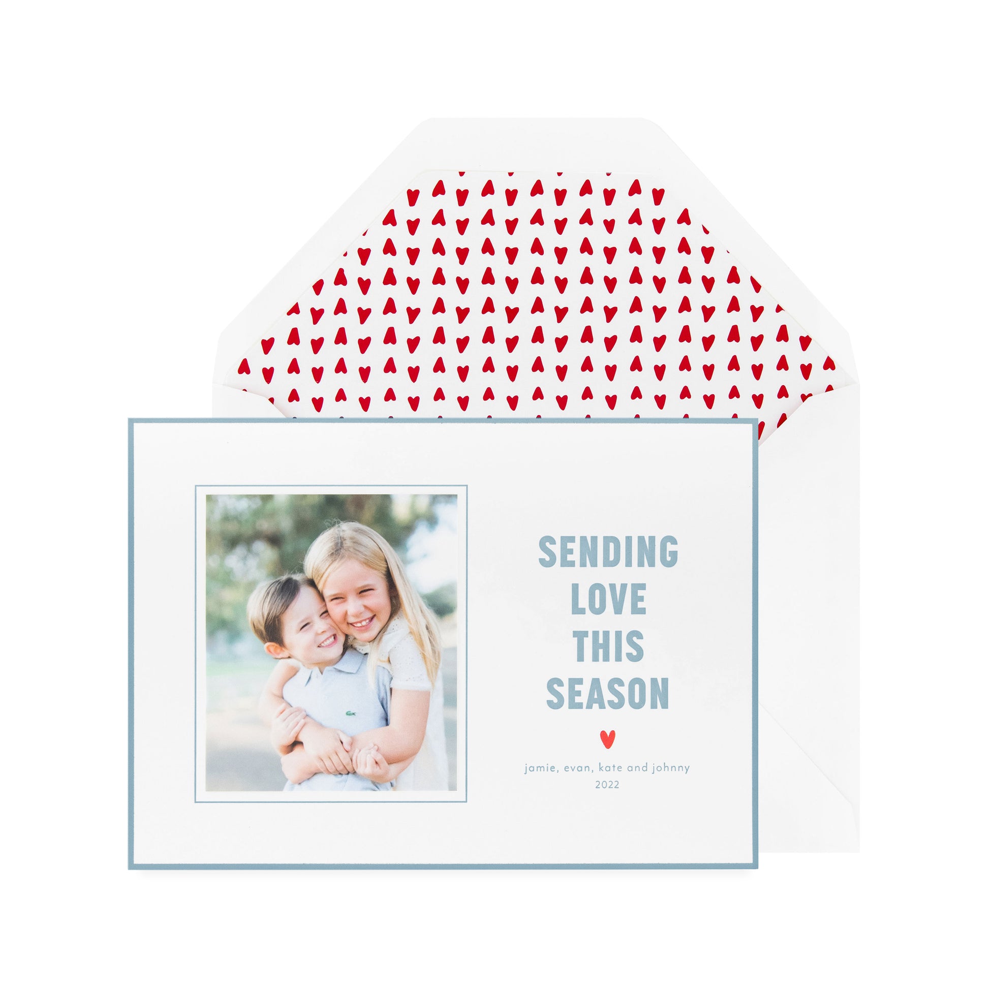 white card with slate and red ink, slate border, white envelope with red heart liner