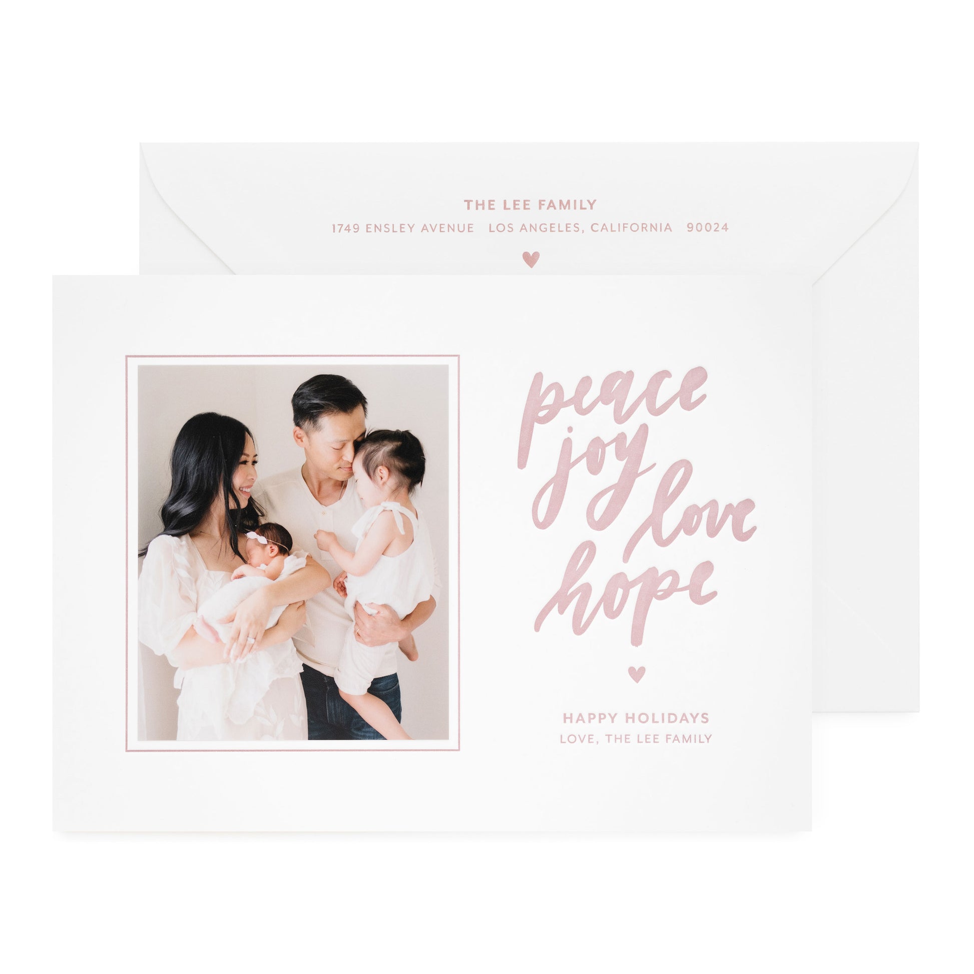 white card with photo and dusty rose ink, white envelope with dusty rose ink