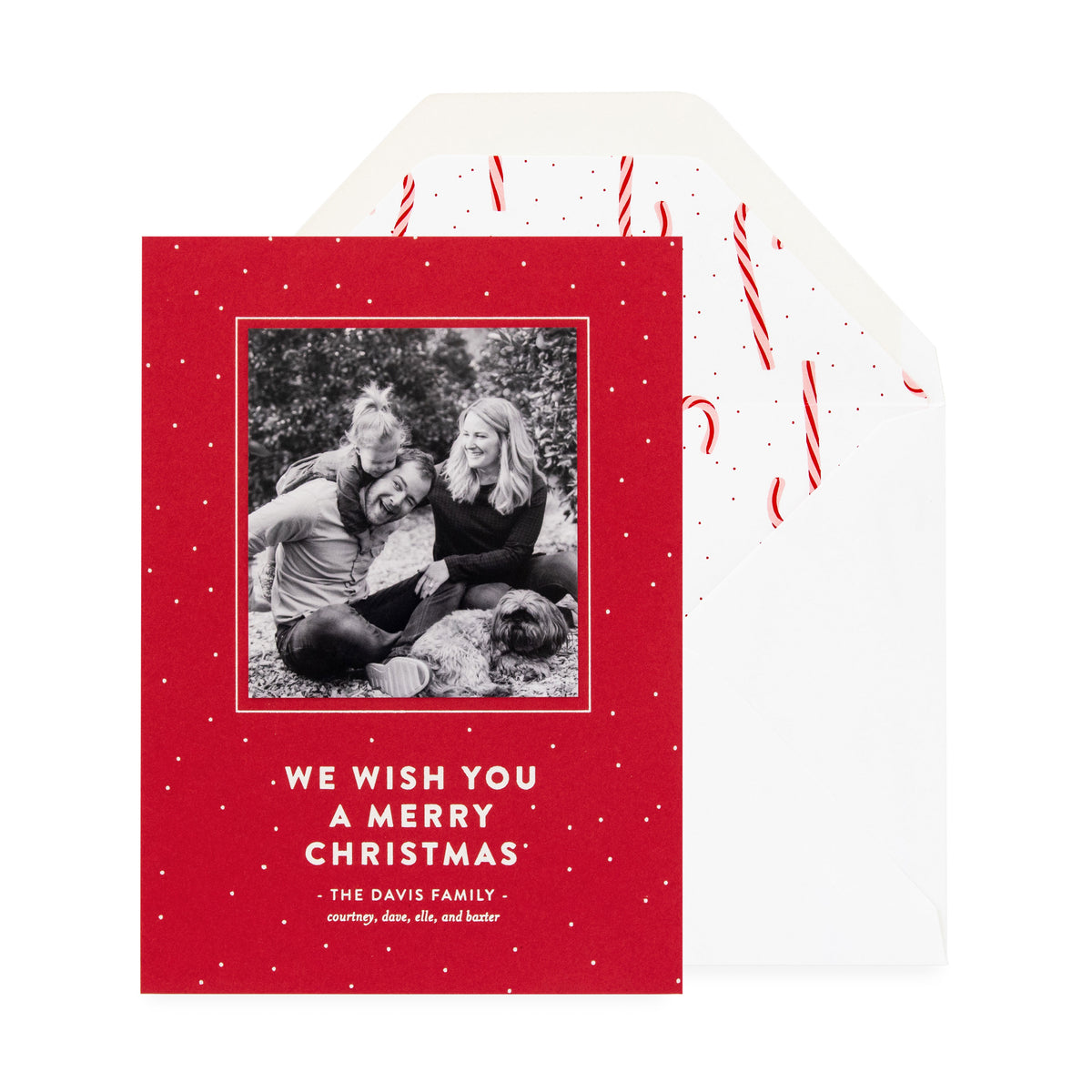 red card with photo, white dots and white text, white envelope with candy canes liner