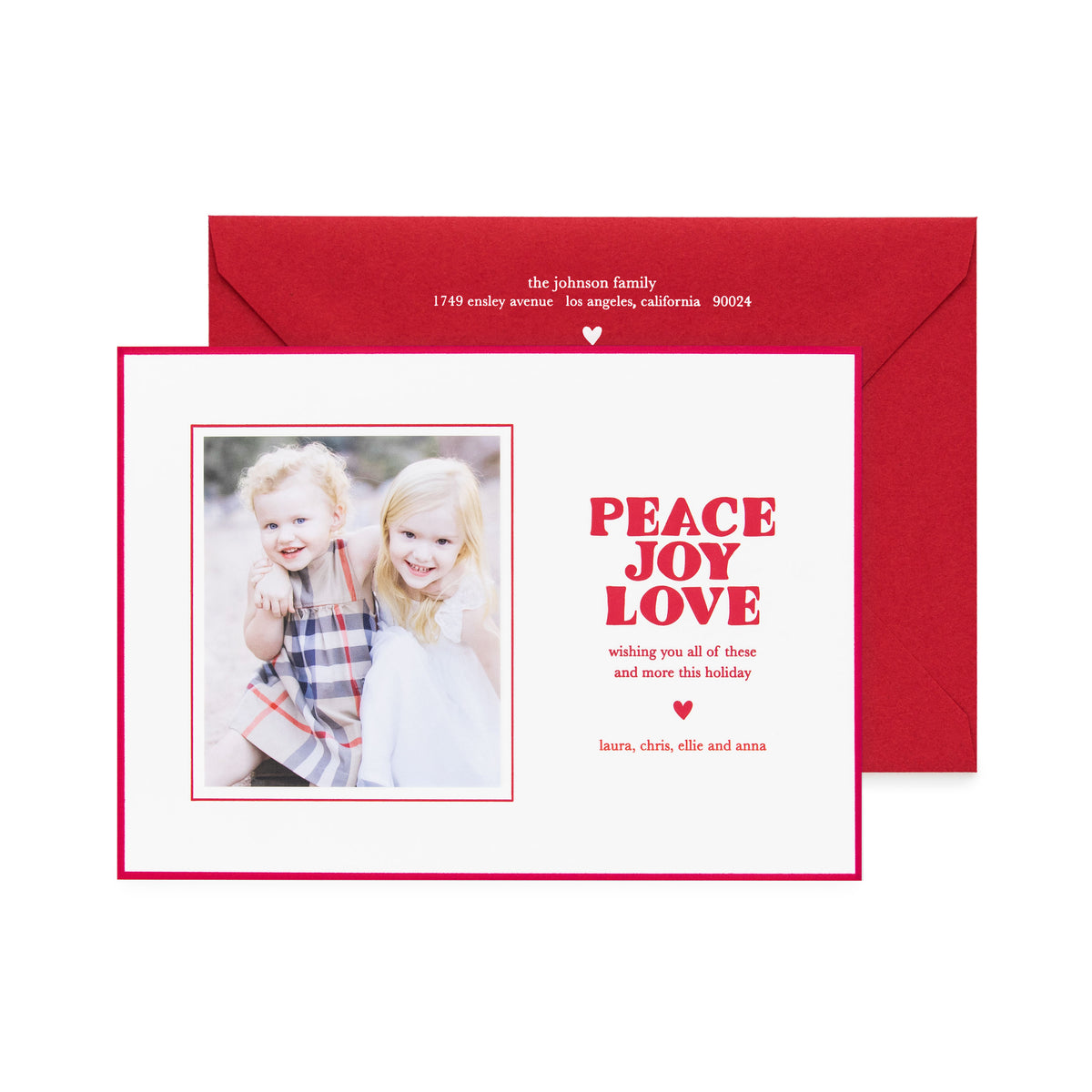 white card with photo and red text, red envelope with white text