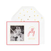 white card with gold and red text, red border, white envelope with gold confetti dot liner