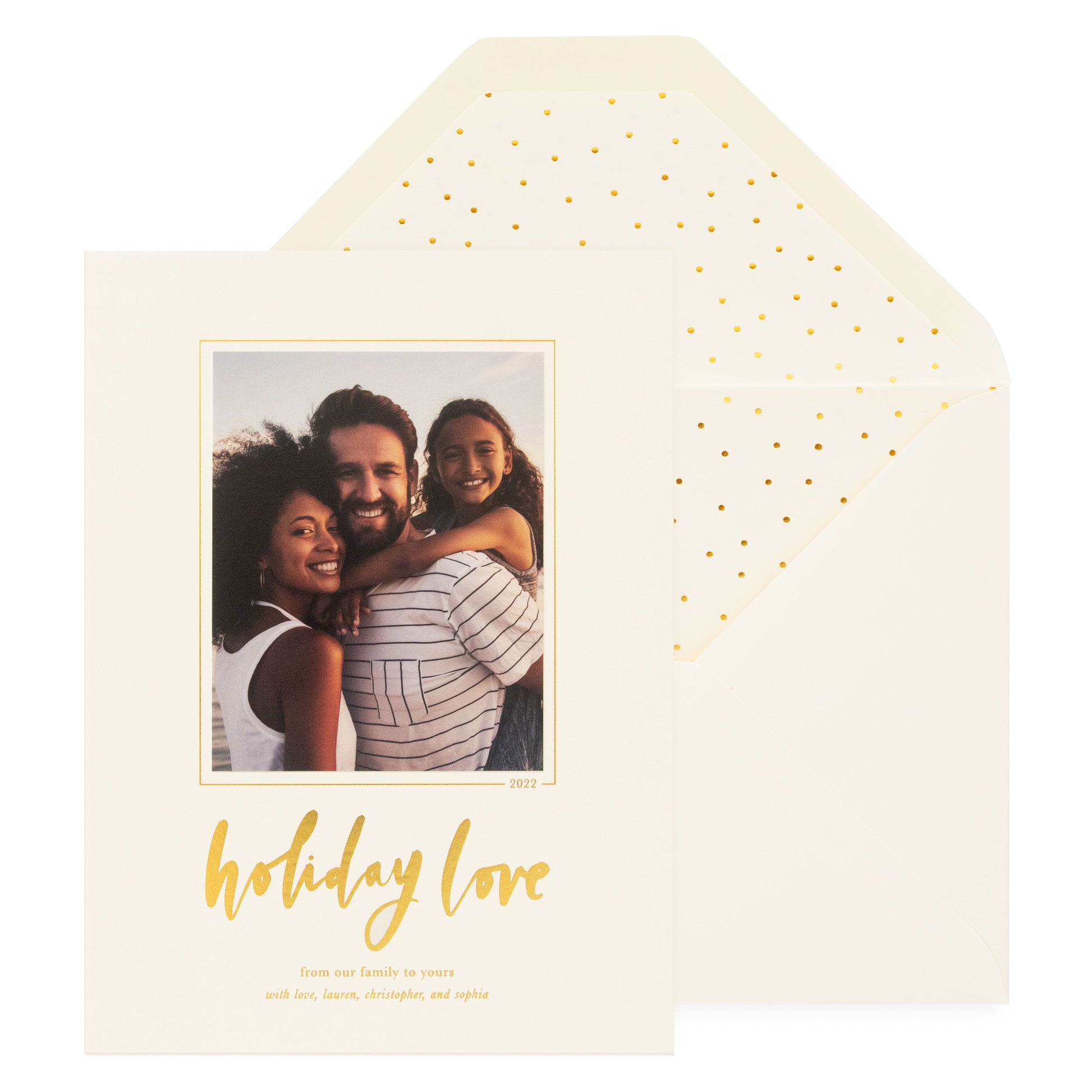 cream card with photo and gold text, cream envelope with gold scatter dot liner