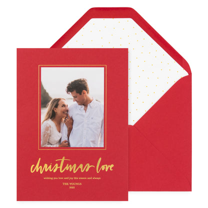 red card with photo and gold text, red envelope with gold scatter dot liner