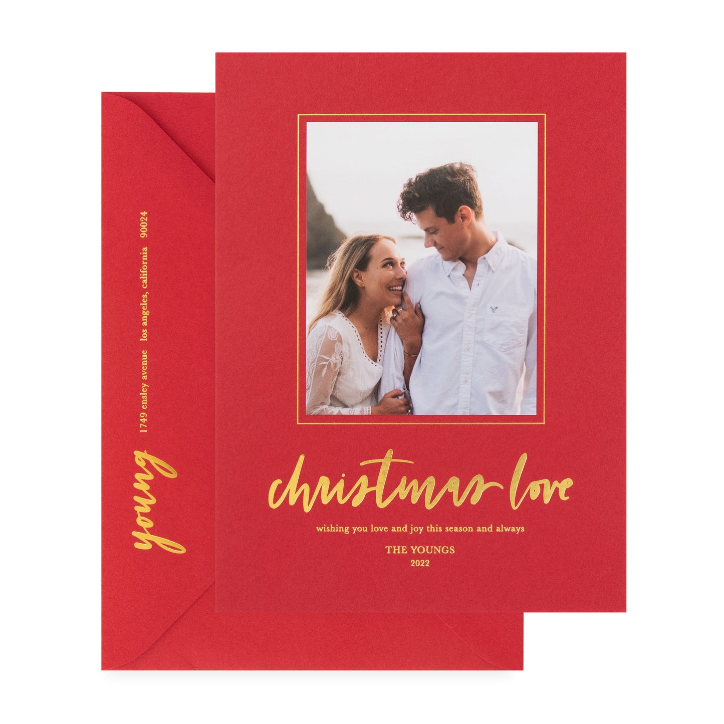 red card with photo and gold text, red envelope with gold text