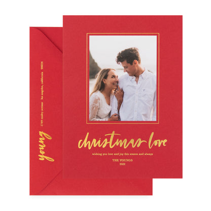 red card with photo and gold text, red envelope with gold text
