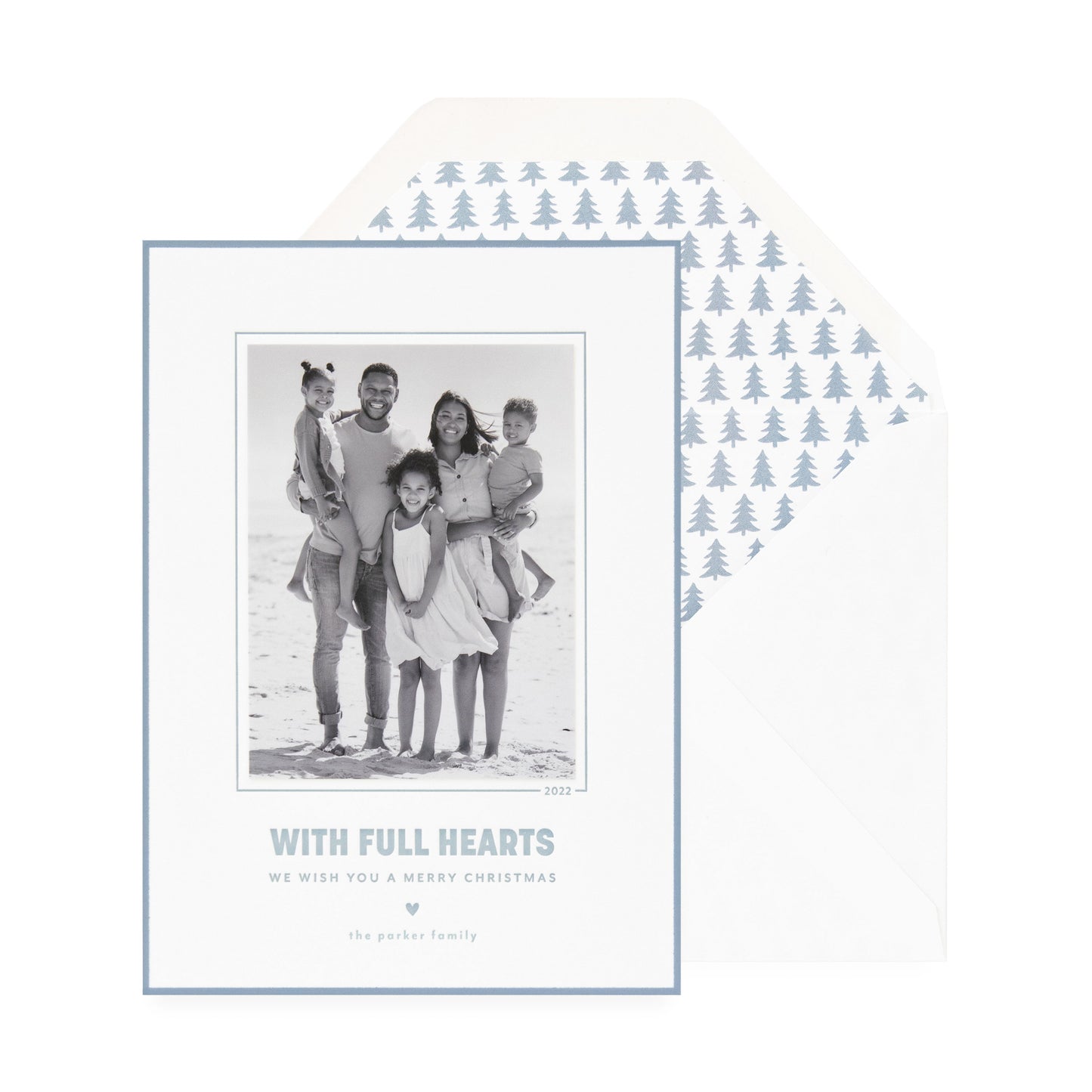 white card with photo, slate blue text and border, white envelope with blue tree liner
