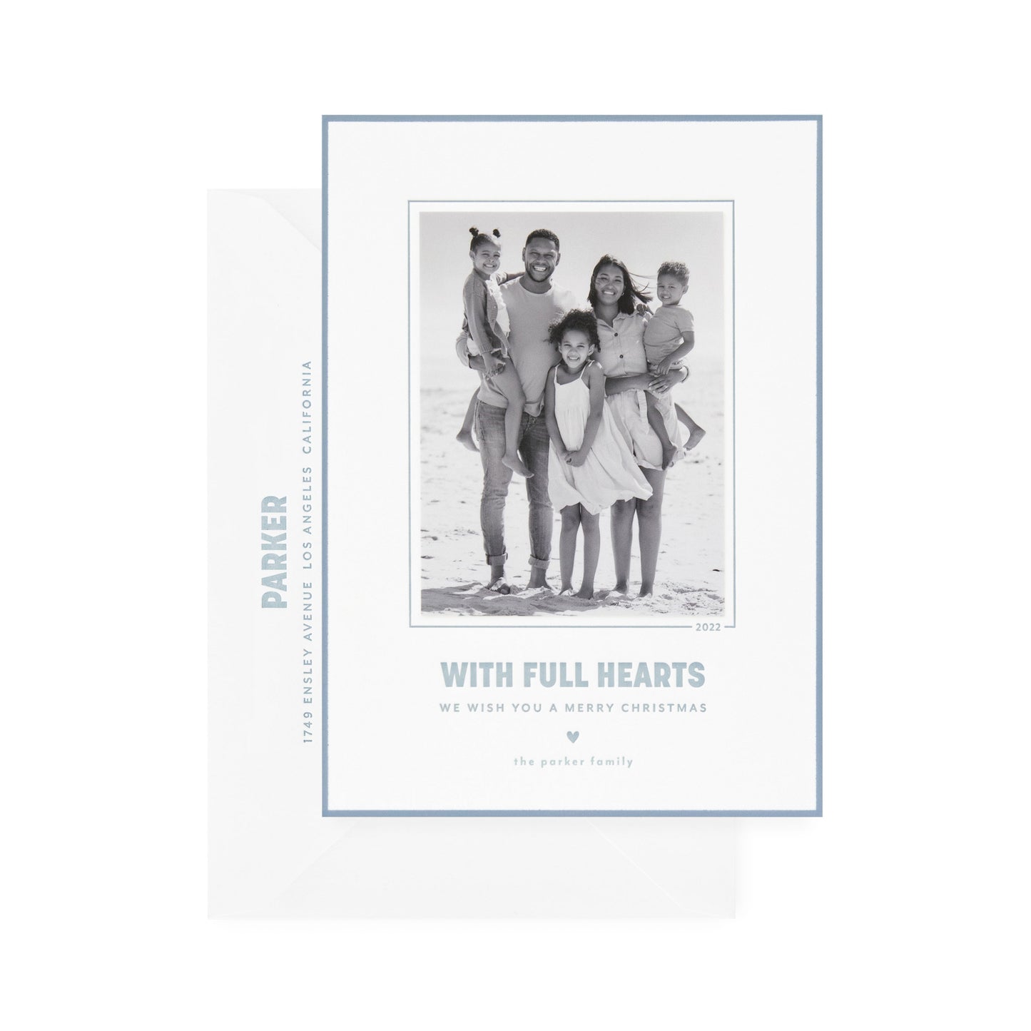 white card with photo, slate blue text and border, white envelope with slate blue text