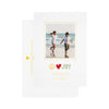 white card with photo and multicolor text, white envelope with gold text