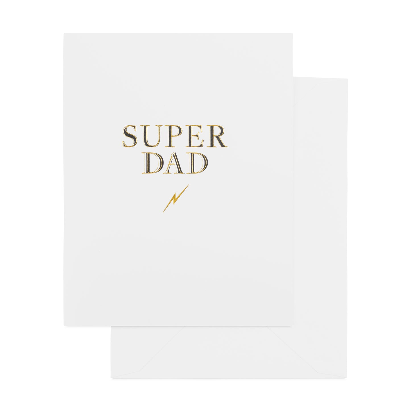 white card with black and gold "super dad" with gold lightning bolt, white envelope
