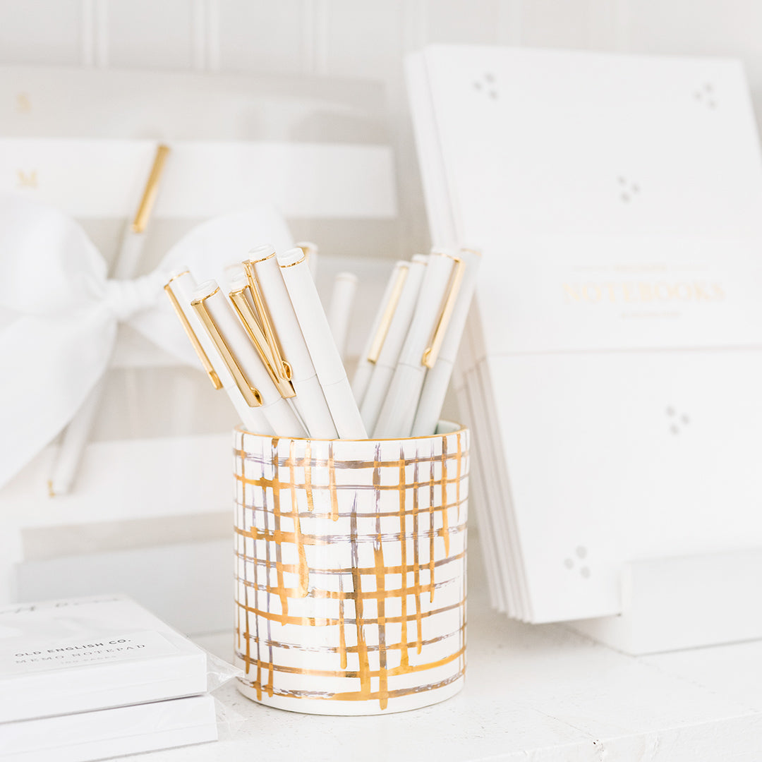 White Felt Tip Pens in Gold Ceramic Jar