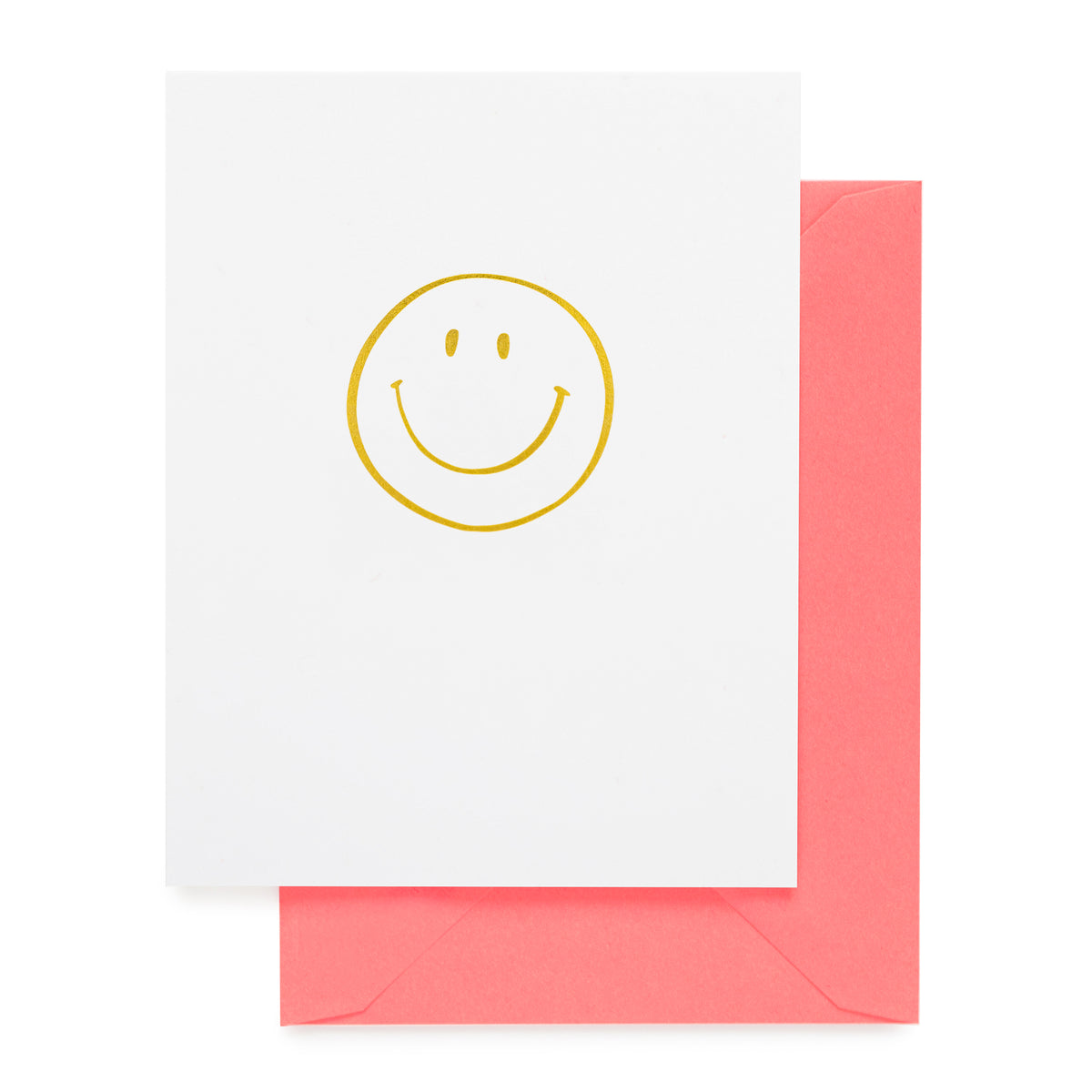 white card with gold smiley face, neon envelope