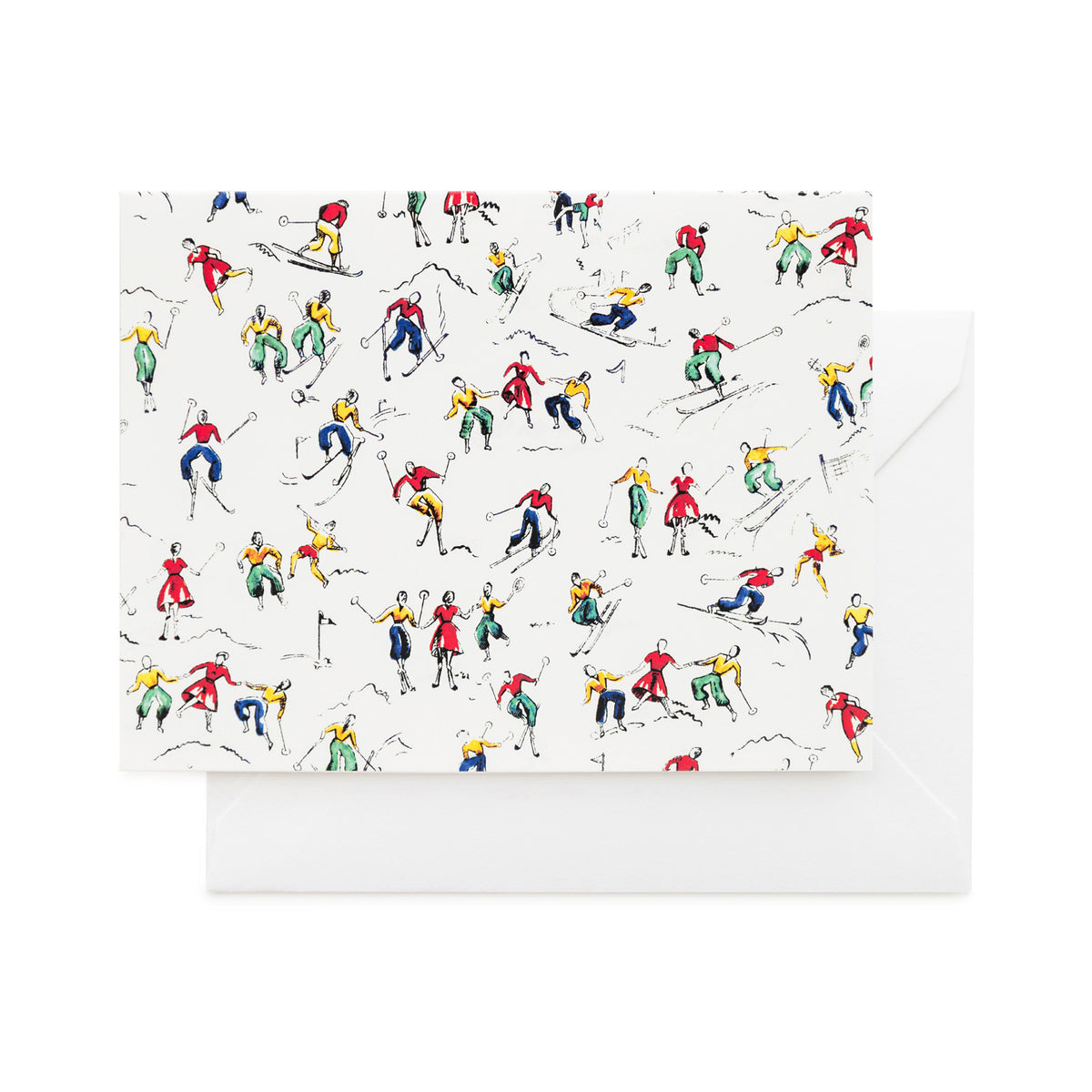 sugar paper x frances valentine skiers, white folded card with skiers artwork, white envelope