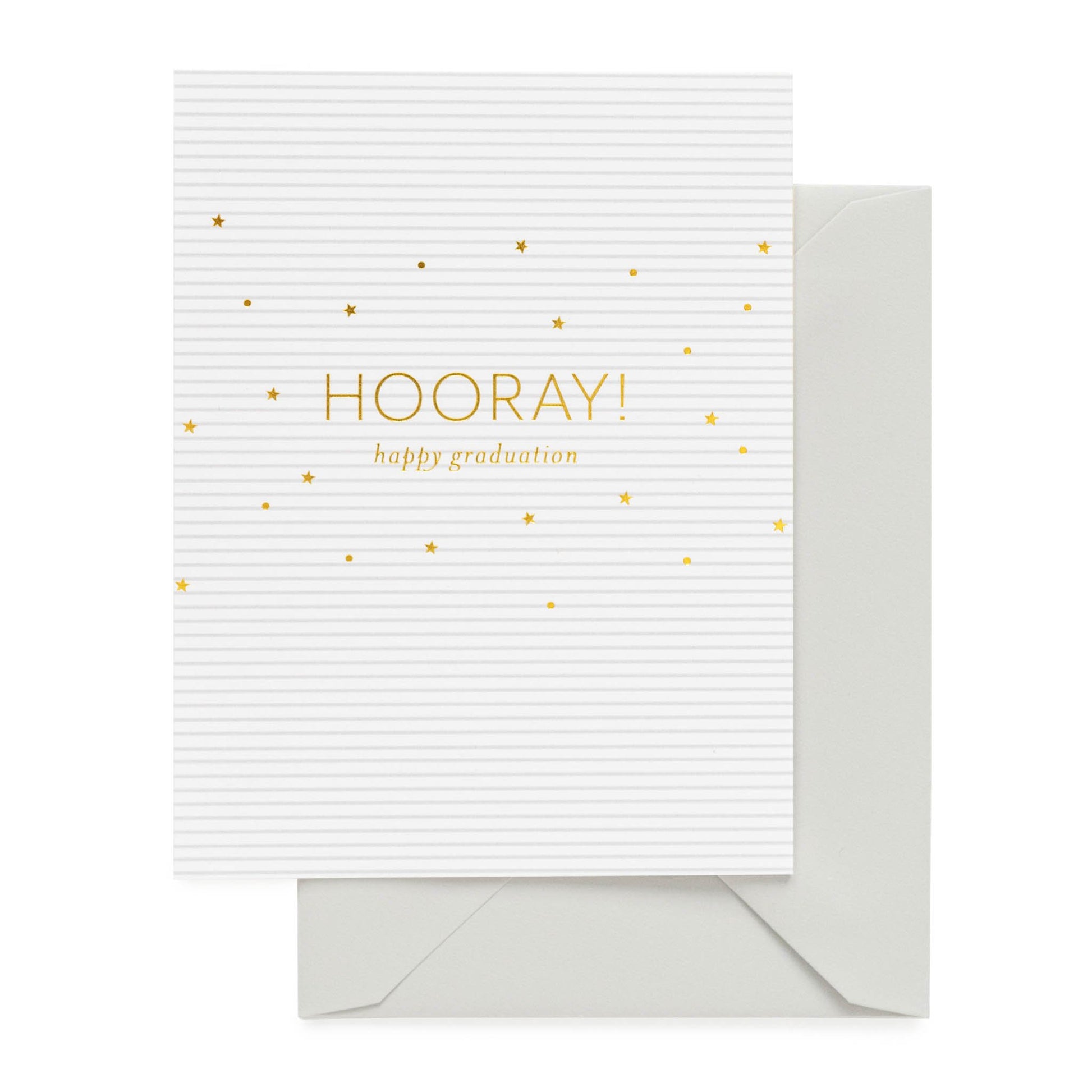 Grey stripe card printed in gold foil with Hooray! Happy graduation
