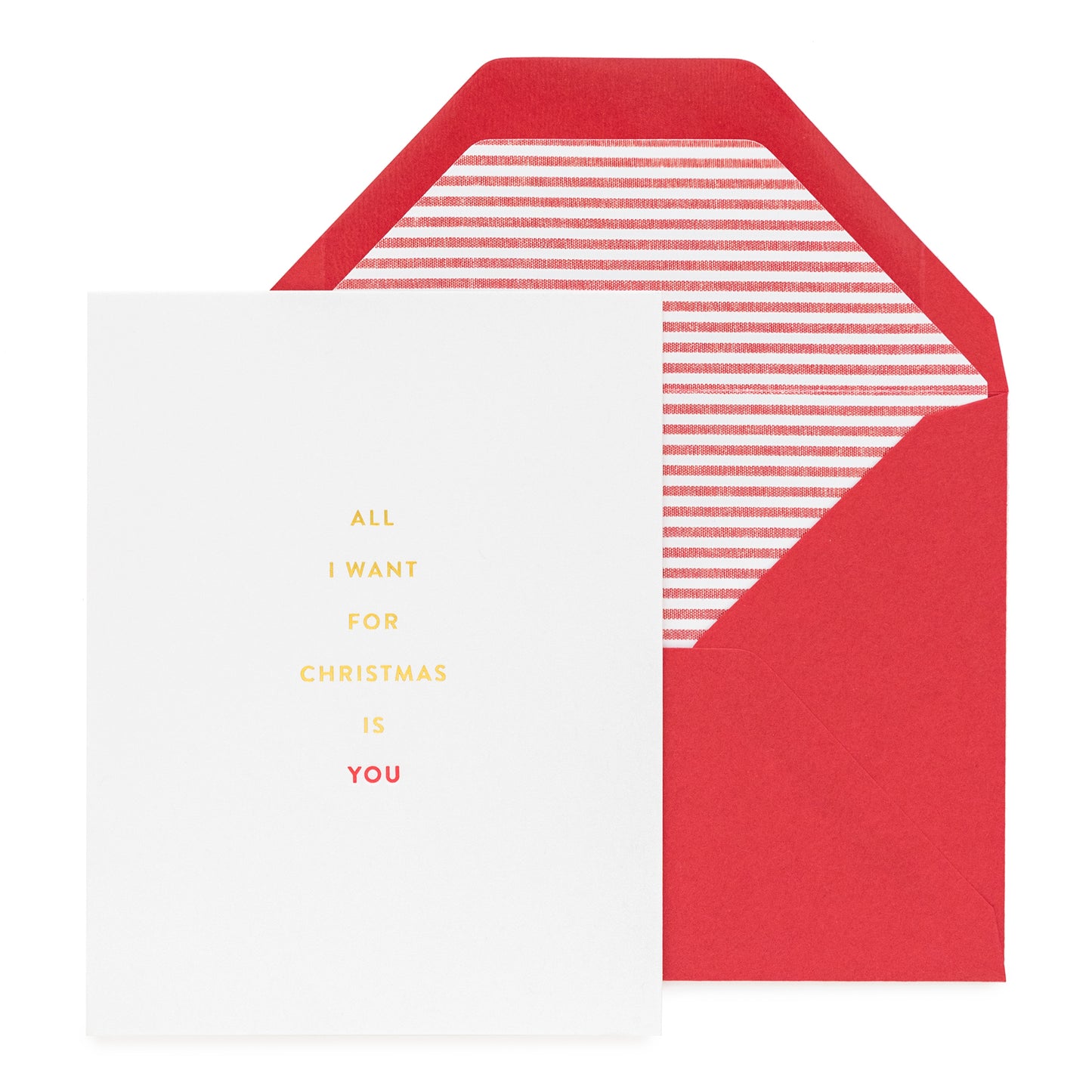 White card with All I Want for Christmas is you paired with a red envelope