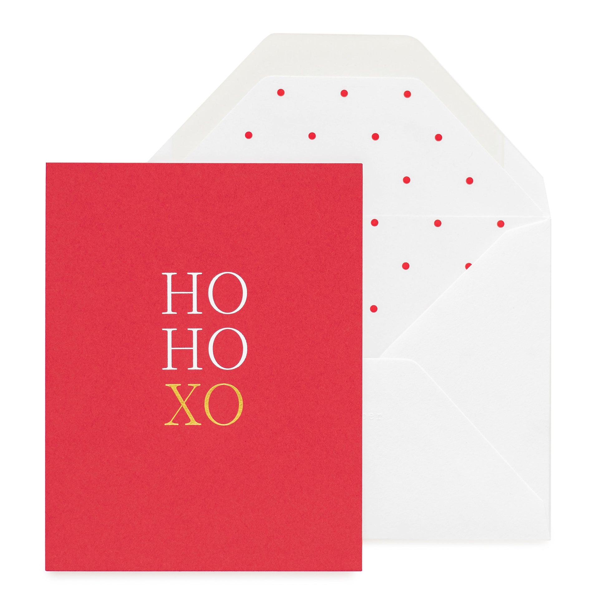 Red card with HoHoXo and a white envelope with red dot liner