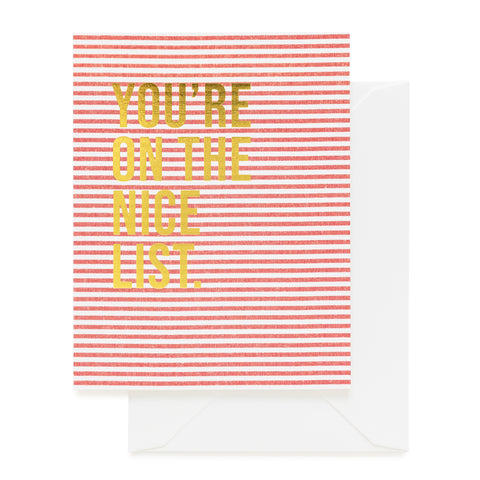 Red and white striped folded notecards with you're on the nice list in gold foil.
