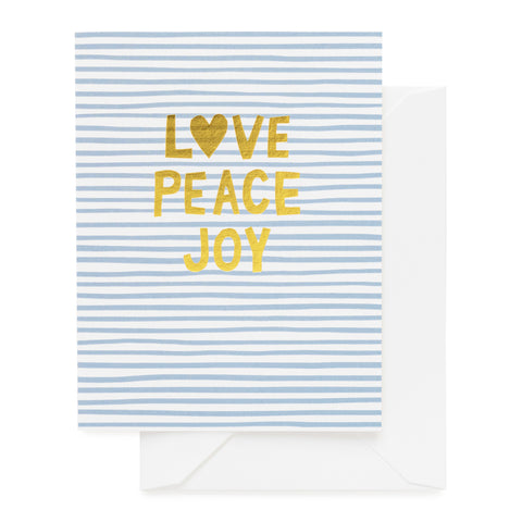 Blue and white striped card with gold Love Peace Joy