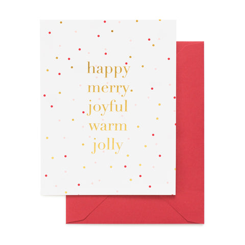 Gold and red dot patterned card with Happy Merry Joyful Warm Jolly