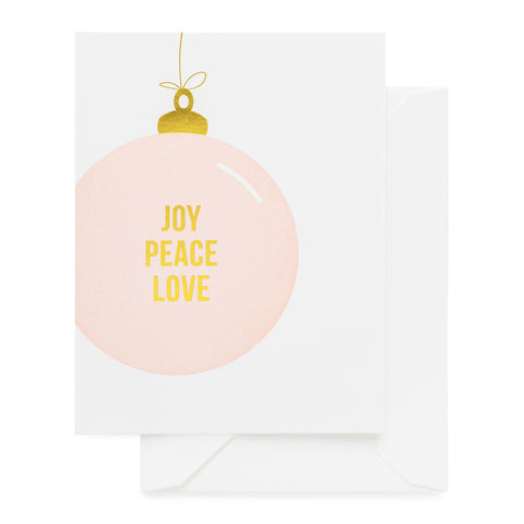 Pale pink ornament card printed with joy peace love