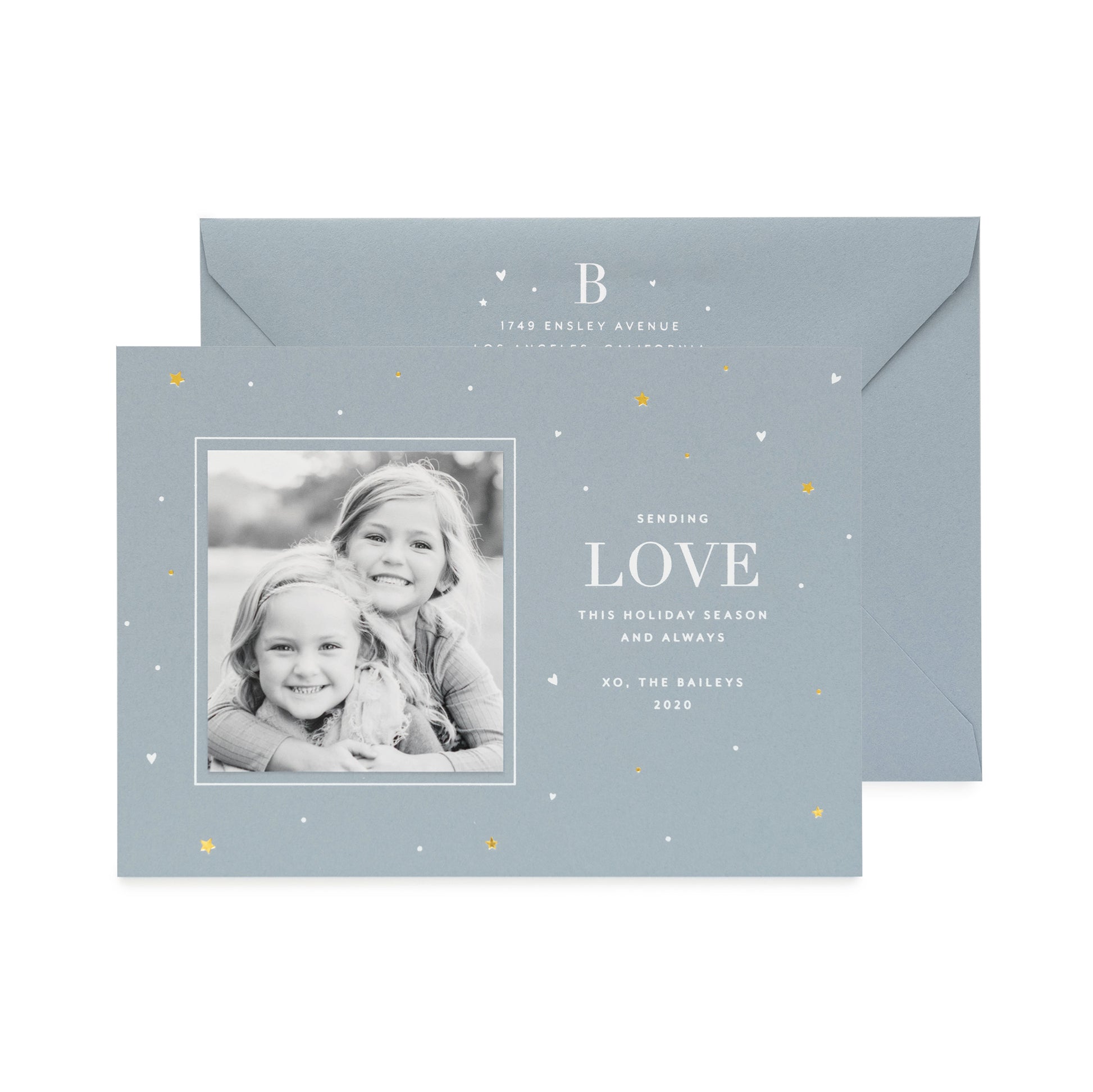 slate blue card with photo, gold and white foil, slate blue envelope with white foil